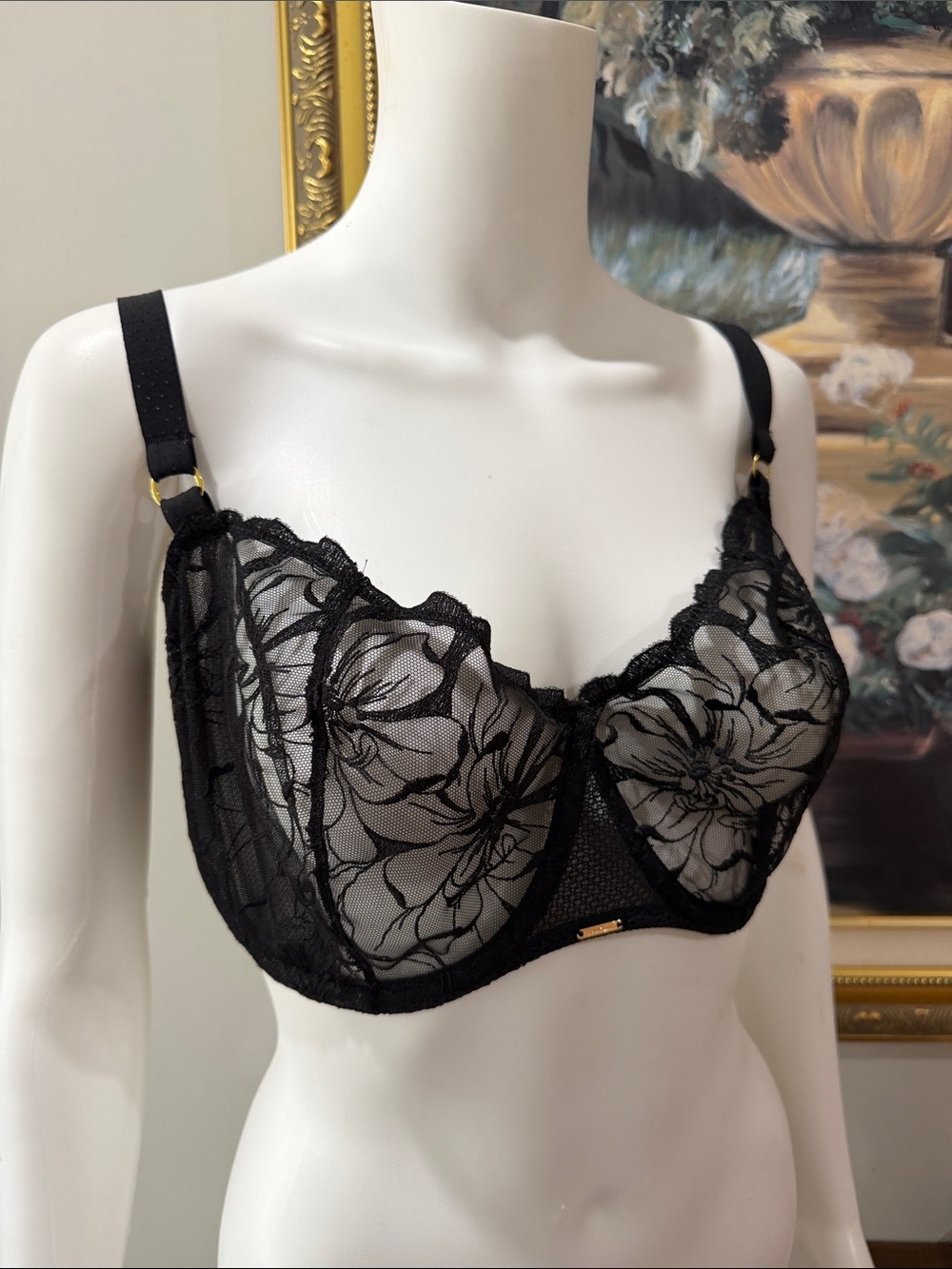 Chantelle Fleurs Unlined Demi Bra 36DDD Black Floral Sheer Underwire - Picture 2 of 15